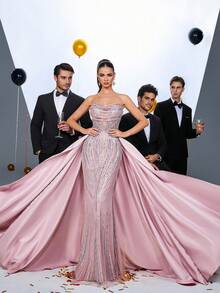 Glamrae 优雅奢华露肩透视长袖美人鱼长裙，超大喇叭下摆，饰有奢华珠子、花卉亮片和网眼面板，适合婚礼、派对、度假、庆典和正式活动（重度装饰） - 藕粉色 - 查看 3