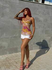 Bearsaez Spaghetti Strap Lace Trim Waist Cinched Vintage Ombre Floral Print Ruffle Hem Camisole Top, Summer - Multicolor - View 5