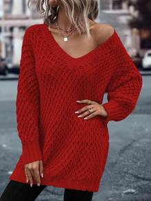 EMERY ROSE Casual Loose Solid Color Long Sleeve Pullover Sweaters For Women - Red - View 3