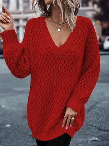 EMERY ROSE Casual Loose Solid Color Long Sleeve Pullover Sweaters For Women - Red - View 6