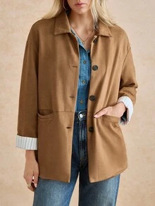 Écloséra 时尚休闲复古H型美拉德长款宽松翻领仿麂皮女式夹克，秋冬 - 駝色 - 查看 6