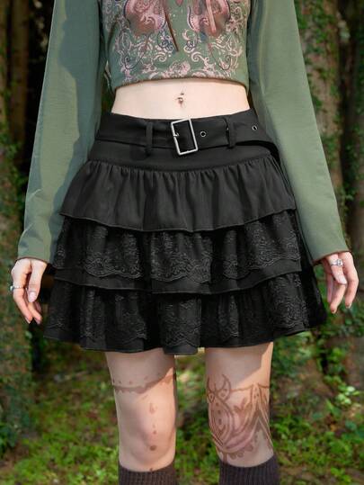 Fairycore Jupe évasée casual vintage à patchwork de dentelle de couleur unie avec ceinture