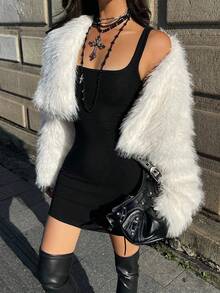 Coolane Women's Fall Winter Concert Streetwear Rave Y2K Basic Warm White Fuzzy Oversized Crop Faux Fur Coat