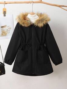 SHEIN Tween Girl 女童贴片细节抽绳腰部毛茸茸饰边连帽保暖内衬派克大衣，非常适合秋冬季休闲、日常穿着和上学日常穿着 - 黑色 - 查看 4