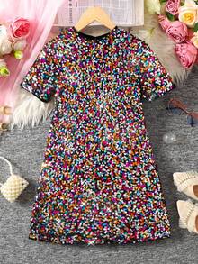 Tween Girl Cute & Gradient Faux Pearl Embellished Round Neck Dress, Suitable For Wedding Season ,Christmas,Birthday Gift,Party Wear,Mom And Daughter & Sisters Matching. - Black - View 2