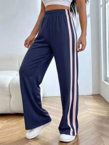 SHEIN EZwear 女式休闲海军蓝撞色侧条纹阔腿运动裤 - 藏蓝色 - 查看 4