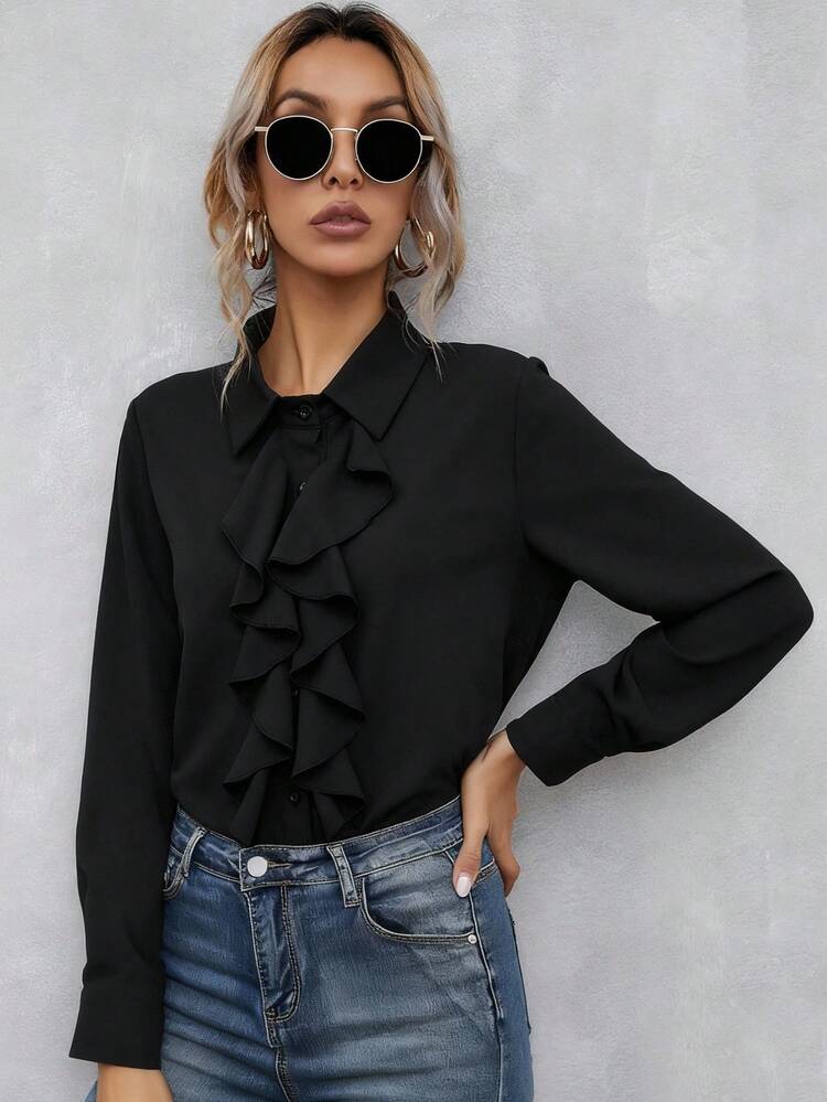 Ruffle Trim Button Up Shirt Fall Cloth For Women