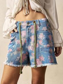 Bohemela Shorts sueltos de estilo campestre y vacacional bohemio con estampado tejido de mezclilla para mujeres