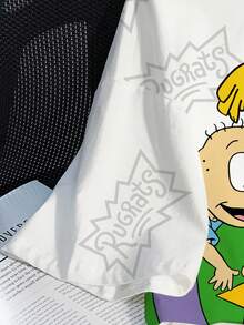 Nick 90s | SHEIN Women's Casual Cartoon Pattern Round Neck Short Sleeve Cropped T-Shirt, Summer - White - View 5