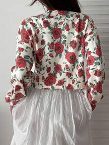 SHEIN Unity Áo len cardigan tay dài họa tiết hoa hồng, cổ chữ V, dễ thương, cổ điển, thích hợp cho kỳ nghỉ - Nhiều màu - Xem 2