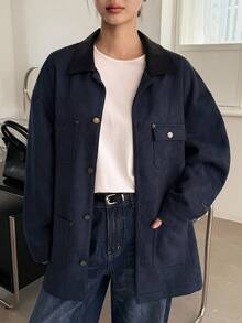 DAZY Women's Suede Jacket With PU Leather Collar, Loose Fit Long Sleeve Casual Jacket Women Coats - Navy Blue - View 1