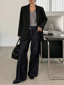 DAZY Women's Striped Lapel NeckLong Sleeve Business Casual Blazer, Autumn - Black - View 2
