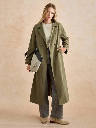 Écloséra Women's Casual Lapel NeckDrop Shoulder Long Sleeve Double-Breasted Trench Coat, Autumn