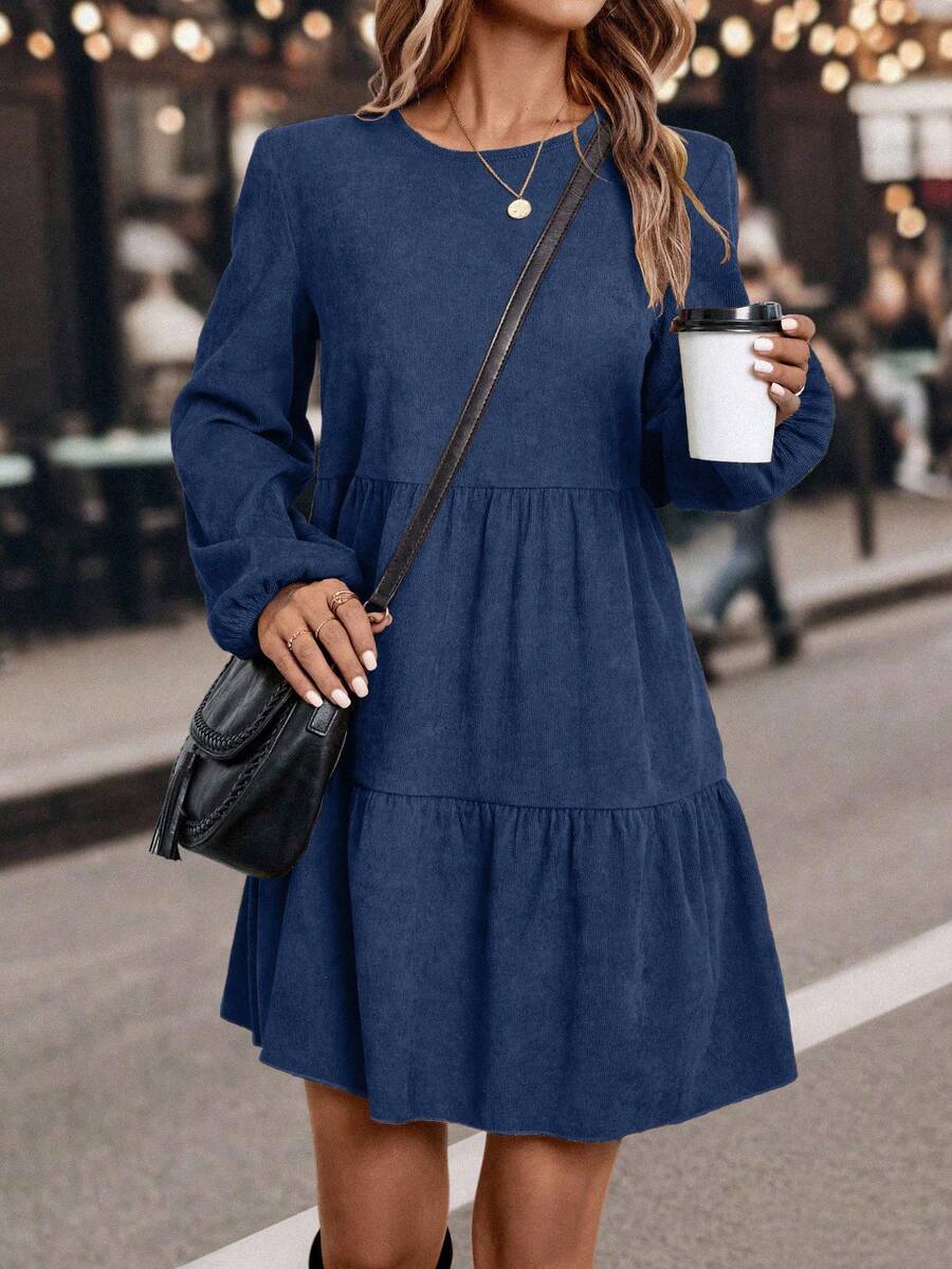 EMERY ROSE Váy tay đèn lồng màu trơn đơn giản đi làm - Màu xanh hải quân - Xem 1