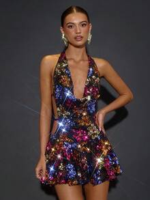 SHEIN BAE Women's Fashionable Sexy Sequin Backless Halter Mini Dress,Autumn Women's Clothing, Winter Women's Clothing, Christmas, Halloween, Thanksgiving, Sequin Party Dress, Disco Dress,Sequin,Sequin Dress ,Luxury Evening Dress For Women,Elegant Dress ,Cocktail Dresses, Colorful Sequined Dresses,Dresses For Women Party,Party Dresses For Women