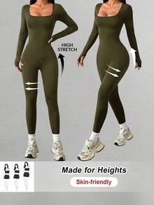 SHEIN PETITE Mono deportivo casual de punto negro con cuello cuadrado y ajustado para yoga - Verde militar - Ver 8