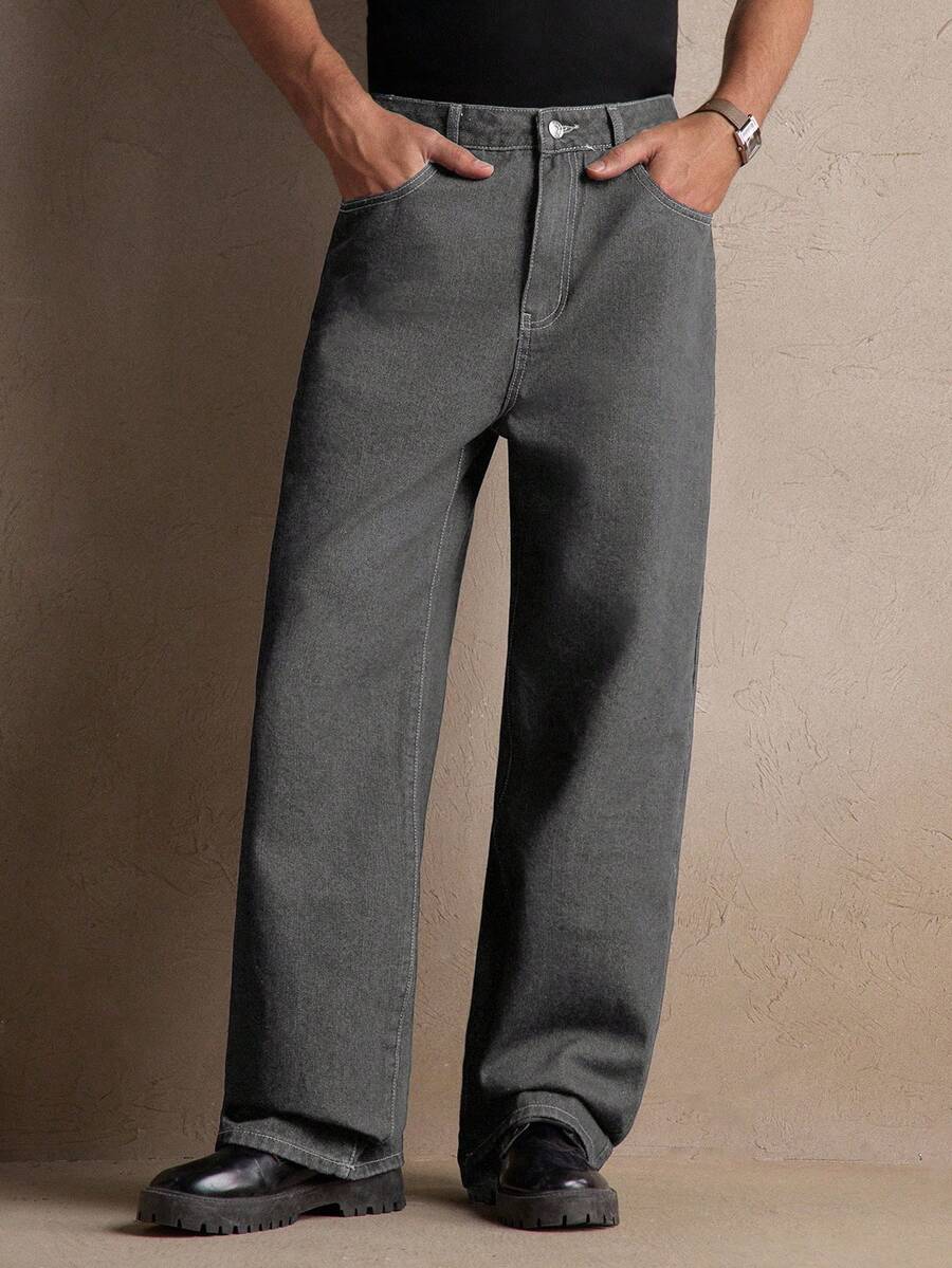 AKNOTIC 男士深蓝色梭织中腰直筒休闲牛仔裤，适合日常穿着、夏季、度假、派对、男士礼物、通勤 - 灰色 - 查看 1