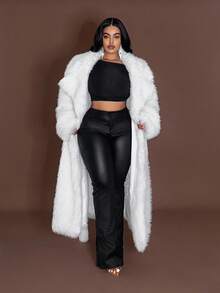 Maweii 女士高端人造毛皮长款收腰翻领优雅法式白色夹克，加大码秋冬人造毛皮大衣