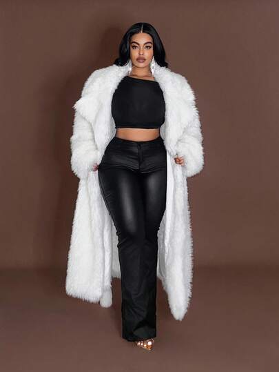 Maweii 女士高端人造毛皮长款收腰翻领优雅法式白色夹克，加大码秋冬人造毛皮大衣