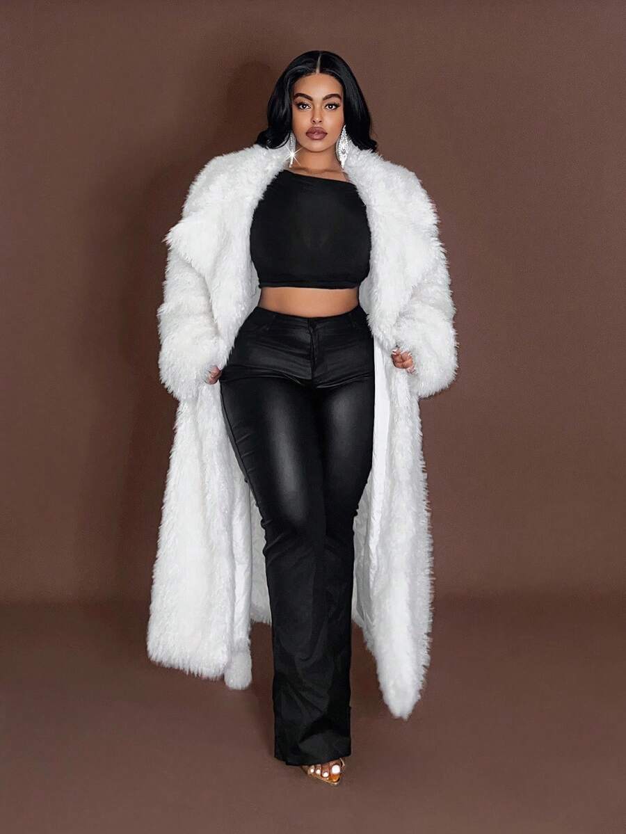 Maweii 女士高端人造毛皮长款收腰翻领优雅法式白色夹克，加大码秋冬人造毛皮大衣