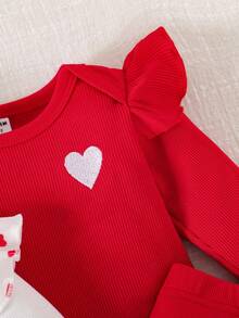 SHEIN Infant/Baby Girl Cap Sleeve Heart Embroidery Bow Bodysuit & Pants Set, Comfortable & Cute Casual Outfit Fall Winter - Multicolor - View 3