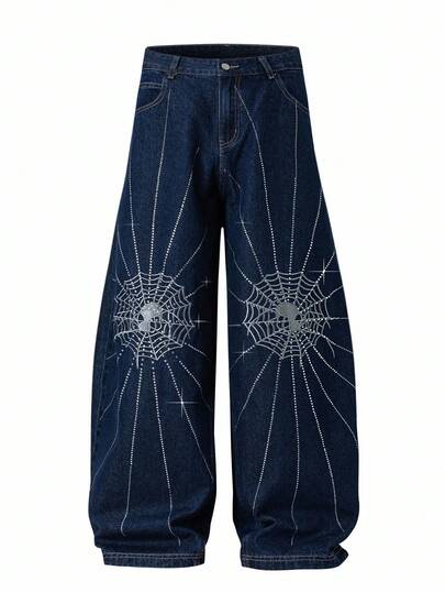 ROMWE MEN Street Life Men's Sparkling Diamond Embroidered Spider Web Loose Tapered Jeans