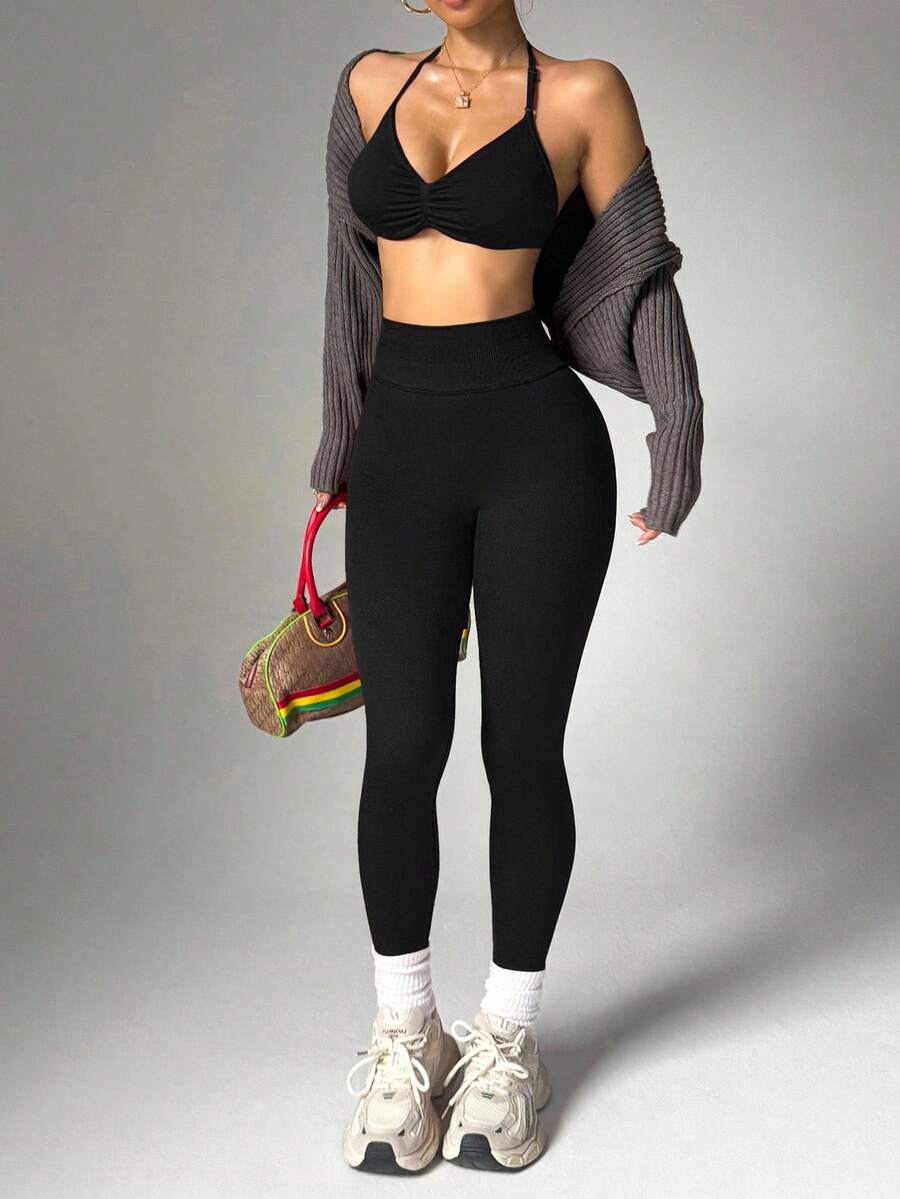 Dewbera Dewbera Setelan Olahraga Wanita Warna Polos, Atasan Halter Tanpa Punggung dan Legging
