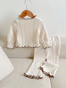 SHEIN Babygirl Autumn/Winter Cute Apricot Ruffle Trim Long Sleeve Top And Elastic Waist Flare Pants Set Baby Knitted Outfit Baby Set Autumn Winter Season Cream Baby Girl Outfit Baby Bell Bottom Outfit Knit Two Piece Toddler Fall - Multicolor - View 2