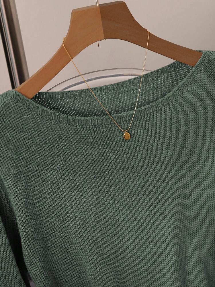 GlowEve Vestido de suéter de cuello redondo de manga larga con lazo en gris, moda minimalista lujosa, versátil y elegante, adecuado para múltiples ocasiones - Verde militar - Añade 5