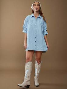 WESTFADE 心形口袋彼得潘领长袖纽扣前宽松棉混纺牛仔迷你连衣裙可爱、秋季、冬季、休闲、西部风、牛仔风、波西米亚风、乡村音乐会服装 - 淺色水洗藍 - 查看 1