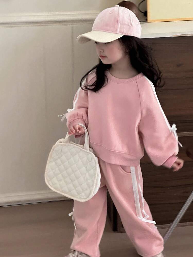 2pcs/Set Young Girls Round Neck Knit Sweatshirt Set, Fall