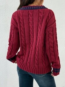 SHEIN PETITE Women's Casual V-Neck Contrast Piping Cable Knit Pullover Sweater, Cricket Jumper, Autumn/Winter - Burgundy - View 2