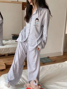 DAZY 卡通女孩英文图案条纹宽松长袖和裤子两件套女士睡衣套装，秋季衣服 - 藍色 - 查看 6