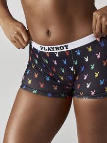 Missguided x Playboy 胸罩和内裤套装，带兔子印花弹力弹力带内衣内裤，舒适透气，多色派对俱乐部套装 - 黑色 - 查看 6