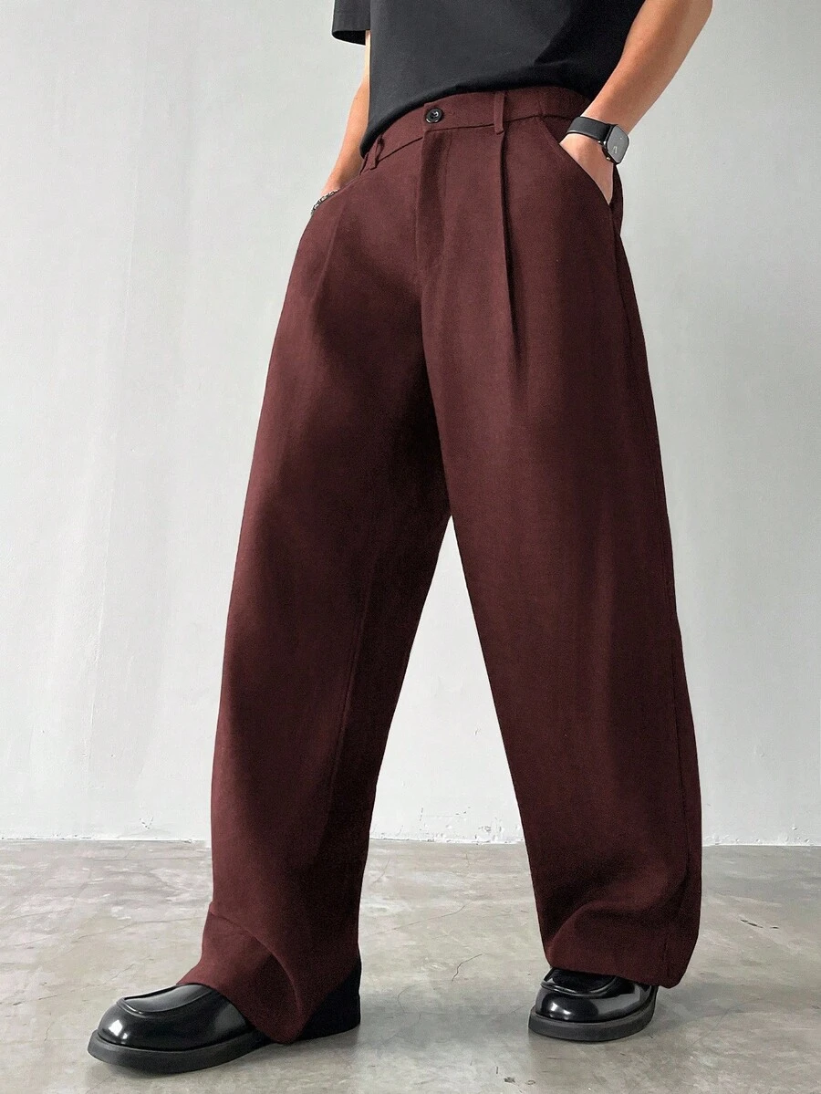 Claim Dot Pantalones anchos y gruesos para hombre, de unicolor con bolsillos, con pliegues, de corte holgado, para otoño - Burdeos - Ver 1