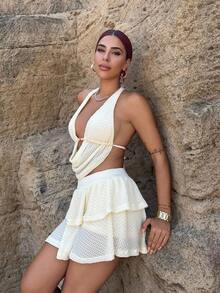 Bearsaez Women's 2-Piece Set: V-Neck Hollow-Out Halter Backless Cropped Tank Top & Tiered Mini Skirt, Suitable For Holiday, Date, Afternoon Tea, Vacation, Music Festival, Beach, Summer Outfit, Boho - Yellow - View 3