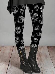 EMERY ROSE Women's High Waist Skull Print Bodycon Leggings, Stylish And Comfortable For Everyday Wear & Perfect For Halloween - Multicolor - View 3