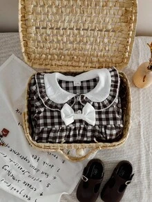 SHEIN Baby Girls' Cute Plaid Doll Collar Ruffle Trim Front Button Bow Decor Smocked Hem Long Sleeve Dress, Autumn/Winter - Brown - View 7
