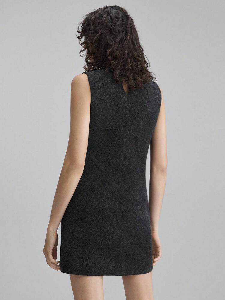Women's Charcoal Gray Wool Blend Sleeveless Round Neck Knitted Short Dress,Autumn Effortless Chic Everyday Old Money Style Fitted Knitwear,Urban Wear