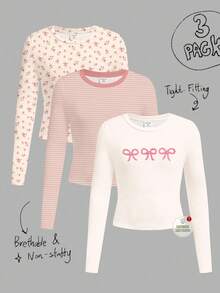 3件套少女休闲柔软舒适修身长袖T恤，饰有奶油色花卉、柔和粉色条纹和蝴蝶结图案，适合秋冬季节日常穿着、叠穿和休闲居家穿着。 - 彩色 - 查看 3