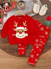 SHEIN 女婴圣诞可爱卡通鹿休闲针织柔软厚圆领长袖运动衫和雪花印花打底裤套装，适合秋冬季 - 彩色 - 查看 2