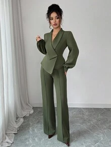 Elenzga 女士优雅休闲通勤度假下午茶会纯色不对称交叉领西装外套灯笼袖衬衫袖口衬衫松紧腰 A 字喇叭裤套装，适合春秋冬 - 軍綠色 - 查看 8