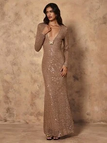 SHEIN Unity Butterfly Sequin Decor Bodycon Sexy Women Dress - Brown - View 4