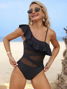 Swim Lushoire Badeanzug mit Rüschenbesatz, Kontrast Netzstoff