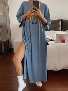 DAZY 字母印花开衩宽松长款睡裙，女士睡衣，舒适保暖，秋冬款，宽松睡裙 - 藍色 - 查看 4