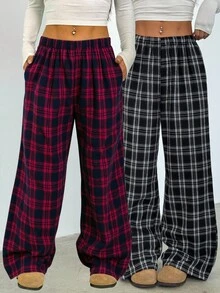 Sparklyn 2 件套青少年女孩休闲百搭格子宽松裤，适合学校、日常和街头穿着 - 紅木色 - 查看 1