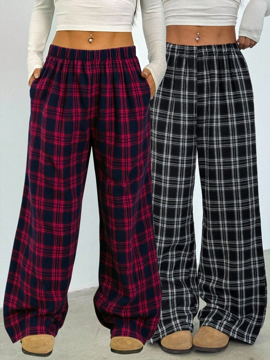 Sparklyn 2 件套青少年女孩休闲百搭格子宽松裤，适合学校、日常和街头穿着 - 紅木色 - 查看 1