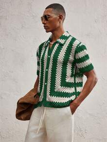 AKNOTIC Party Cárdigan de punto casual de cuello vuelto y manga corta ajustado para hombre, adecuado para uso diario - Verde Oliva - Ver 3