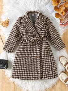 SHEIN Elladie kids Young Girls Lapel Belted Houndstooth Long Coat