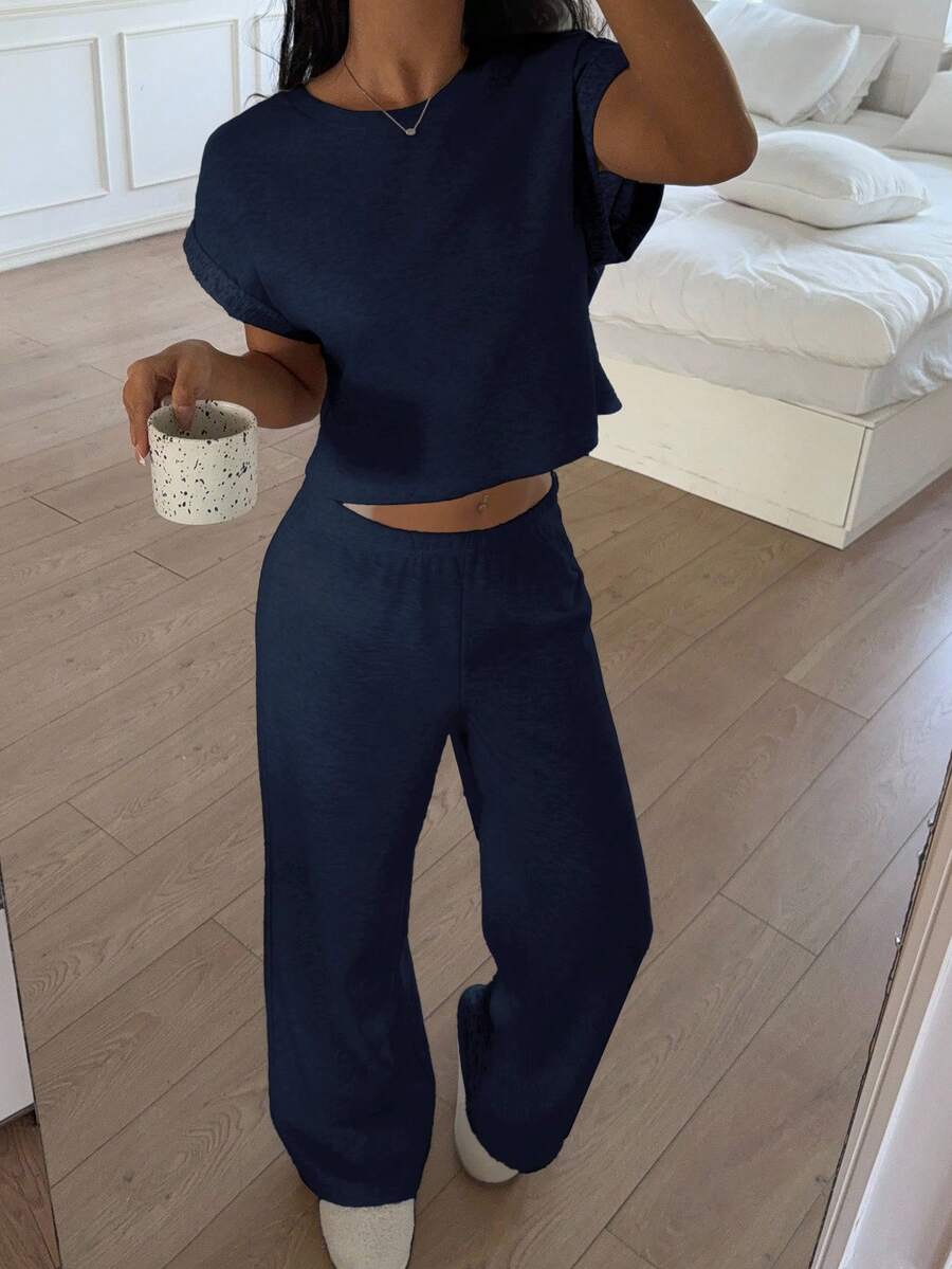 CovetEZ 海军蓝针织女式圆领蝙蝠袖短袖上衣和裤子休闲家居服套装 - 藏蓝色 - 查看 1